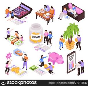 Family budget expenditure items isometric set with mobile app calculating taxes payments vacation planning isolated vector illustration