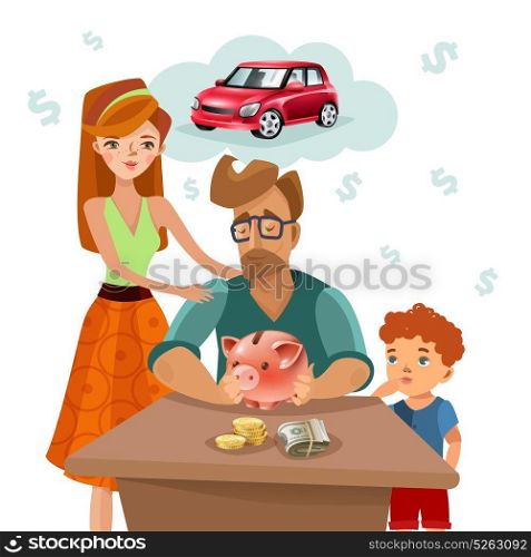 Family Budget Finance Plan Flat Poster . Home budget planning with family income expenses and target money saving for dream purchase concept flat vector illustration