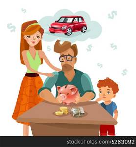 Family Budget Finance Plan Flat Poster . Home budget planning with family income expenses and target money saving for dream purchase concept flat vector illustration