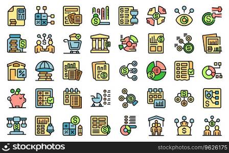 Family budget icons set outline vector. Family personal. Plan debt thin line color flat on white isolated. Family budget icons set vector line color