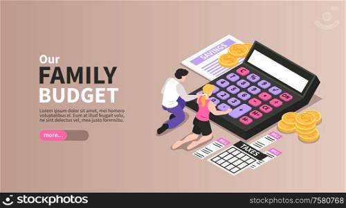 Family budget isometric horizontal landing page banner with couple calculating monthly income taxes savings expenses vector illustration