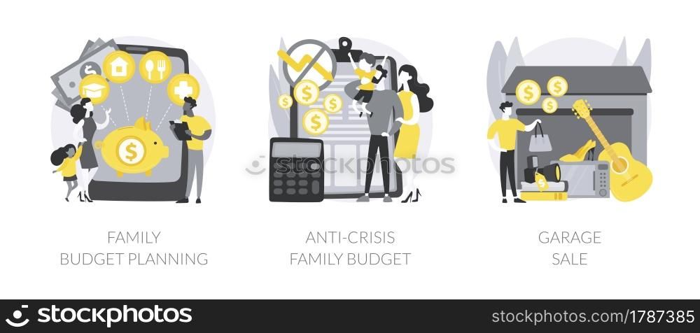 Family budget planning abstract concept vector illustration set. Anti-crisis family budget, garage sale, economic decision, family income, budget saving, flea market, second hand abstract metaphor.. Family budget planning abstract concept vector illustrations.