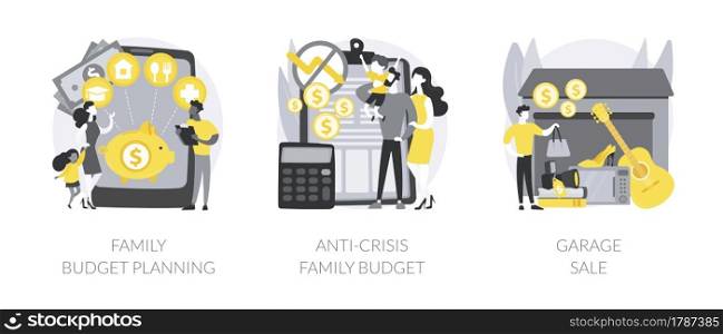 Family budget planning abstract concept vector illustration set. Anti-crisis family budget, garage sale, economic decision, family income, budget saving, flea market, second hand abstract metaphor.. Family budget planning abstract concept vector illustrations.
