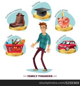 Family Budget Planning Flat Composition Poster. Family budget planning flat icons pictorial composition with wage earner in center surrounded by outgoing expenses vector illustration