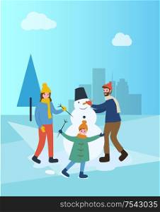 Family building snowman in winter city town park vector. People spending time outdoors, pine and snow, sculpting of snowballs bucket and carrot nose. Family Building Snowman in Winter City Town Park