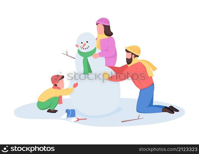 Family building snowman semi flat color vector characters. Interacting figures. Full body people on white. Winter activity isolated modern cartoon style illustration for graphic design and animation. Family building snowman semi flat color vector characters