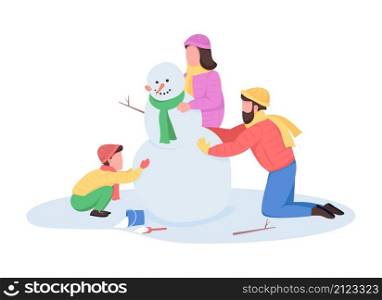 Family building snowman semi flat color vector characters. Interacting figures. Full body people on white. Winter activity isolated modern cartoon style illustration for graphic design and animation. Family building snowman semi flat color vector characters