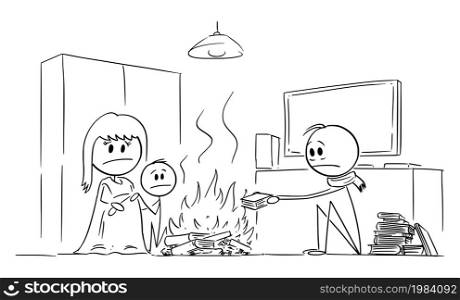 Family burning books on fire in living room suffering from cold or chilly weather because of energy poverty. Vector cartoon stick figure or character illustration.. Family Burning Fire in Living Room, Suffering from Cold or Chilly Weather, Vector Cartoon Stick Figure Illustration