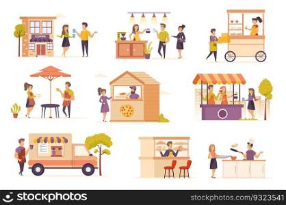 Family business bundle of flat scenes. Street cafe, fast food restaurant isolated set. Food truck, menu, coffee and pizza sale, barista, chef elements. Small business cartoon vector illustration.