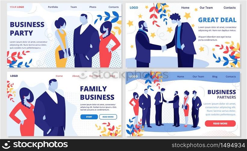 Family Business, Partners, Great Deal, Party Horizontal Banners Set with Businesspeople Meeting on Corporate Event or Party Greeting Each Other, Communicating Relaxing Cartoon Flat Vector Illustration. Family Business, Partners, Deal, Party Banners Set