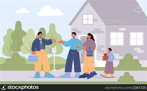 Family buy or rent house from real estate agent. Vector flat illustration of man realtor gives key to couple with kid. Landscape with building, salesman and customers. Family buy or rent house from real estate agent