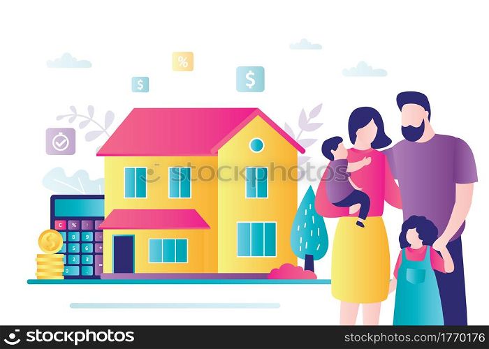 Family buying home with mortgage and paying credit to bank. Rent and loans concept. Happy family move in new house.People invest money in real estate.Parents hugging with kids.Flat vector illustration. Family buying home with mortgage and paying credit to bank. Rent and loans concept. Happy family move in new house