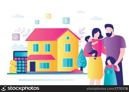 Family buying home with mortgage and paying credit to bank. Rent and loans concept. Happy family move in new house.People invest money in real estate.Parents hugging with kids.Flat vector illustration. Family buying home with mortgage and paying credit to bank. Rent and loans concept. Happy family move in new house