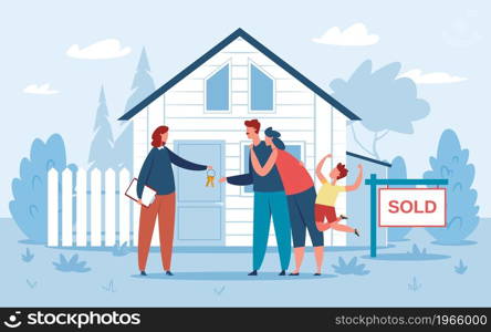 Family buying new house, real estate agent giving keys to buyers. Happy couple with kids purchasing property, real estate vector illustration. Characters with child moving to new home