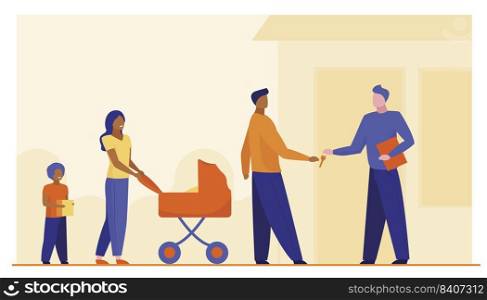 Family buying property. Couple with kids renting house flat vector illustration. Real estate, mortgage, new home concept for banner, website design or landing web page