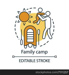 Family camp concept icon. Summer parents and children club, holiday resort idea thin line illustration. Kids and adults activity, interest. Vector isolated outline drawing. Editable stroke