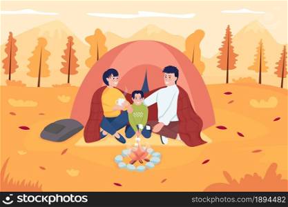 Family camping during fall flat color vector illustration. Mother and father sitting with kid near hiking tent. Happy parents with child 2D cartoon characters with landscape on background. Family camping during fall flat color vector illustration