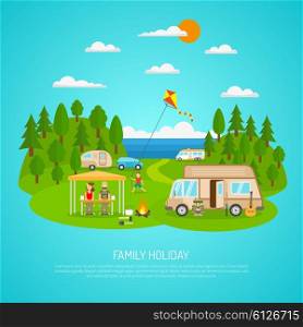 Family Camping Illustration . Family camping by the sea with motorhomes forest and fires flat vector illustration