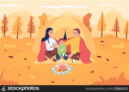 Family camping in october flat color vector illustration. Mother and father sitting with kid in fall scenery. Happy parents with child 2D cartoon characters with landscape on background. Family camping in october flat color vector illustration
