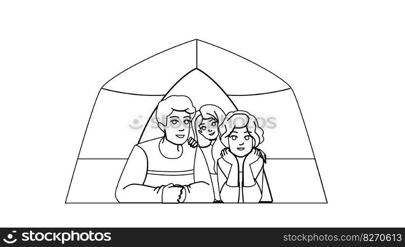 family camping vector. holiday adventure, vacation nature, father tent, happy, summer mother, man family camping character. people Illustration. family camping vector