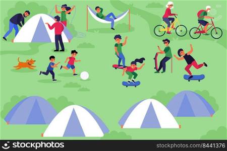 Family camping with tents. Children skateboarding, old people riding bikes flat vector illustration. Outdoor activity, vacation concept for banner, website design or landing web page