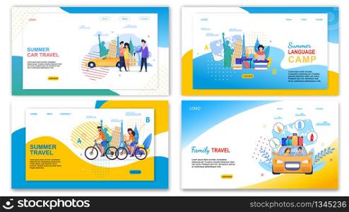 Family Car Travel Summer Language Camp Banner Set. Cartoon Man and Woman in Europe Ride Bicycle. Girl Student Learn Foreign Languages. Happy People Rent Auto. Road Journey Trip Vacation. Family Car Travel Summer Language Camp Banner Set