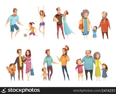 Family cartoon set with parents grandparents and children isolated vector illustration. Family Cartoon Set