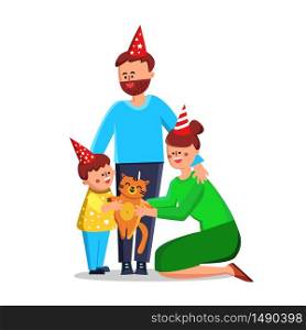 Family Celebrate Advent Of Domestic Pet Vector. Happy Characters Parents Man Father, Woman Mother And Little Boy Son With Festival Hat Playing With Cat Pet. Flat Cartoon Illustration. Family Celebrate Advent Of Domestic Pet Vector