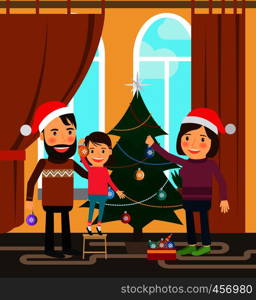 Family celebrates winter holidays with Christmas tree. Vector illustration. Family celebrates winter holidays