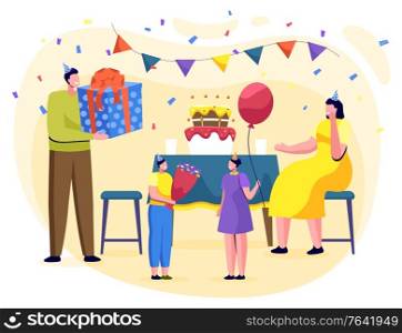 Family celebrating birthday of child. Celebration dinner for daughter. Father and son holding presents and bouquet. Mother wearing paper cap sitting by table with cake. Surprise party for kid vector. Birthday Party of Kid at Home, Family Celebration