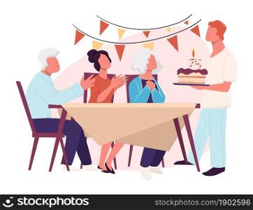 Family celebrating birthday of grandfather in at home surrounded by family. Grandparents and kids have festive mood, grandpa turning 75 years old. Elderly person by table. Vector in flat style. Celebrating birthday of grandfather in family