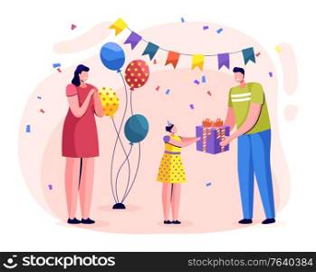 Family celebrating girl birthday together, happy child. Mother and father give presents to daughter. Party decoration like colorful balloons and paper garland of flags. Vector illustration in flat. Family Celebrating Birthday, Parents Give Presents