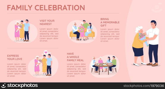 Family celebration flat color vector infographic template. Express love and care. Poster with text, PPT page concept design with cartoon characters. Creative data visualization. Info banner idea. Family celebration flat color vector infographic template