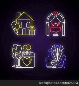 Family celebration neon light icons set. Housewarming party. Engagement date. Romantic dinner. Wedding reception. Signs with outer glowing effect. Vector isolated RGB color illustrations. Family celebration neon light icons set