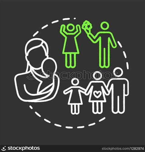 Family chalk RGB color concept icon. Social life. Loving relationship. Self-building for fulfilling life. Couple planning for children idea. Vector isolated chalkboard illustration on black background
