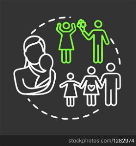 Family chalk RGB color concept icon. Social life. Loving relationship. Self-building for fulfilling life. Couple planning for children idea. Vector isolated chalkboard illustration on black background