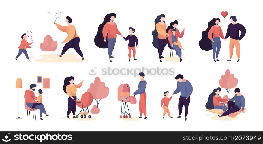 Family characters. Adults people mother and father walking with kids casual clothes happy couples garish vector persons. Mother and father spend time with kids illustration. Family characters. Adults people mother and father walking with kids casual clothes happy couples garish vector persons