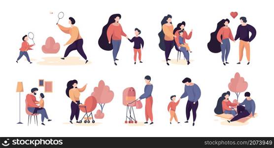 Family characters. Adults people mother and father walking with kids casual clothes happy couples garish vector persons. Mother and father spend time with kids illustration. Family characters. Adults people mother and father walking with kids casual clothes happy couples garish vector persons