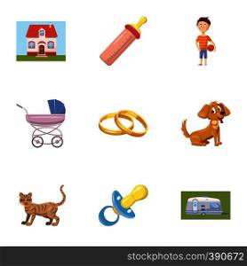 Family child icons set. Cartoon illustration of 9 family child vector icons for web. Family child icons set, cartoon style