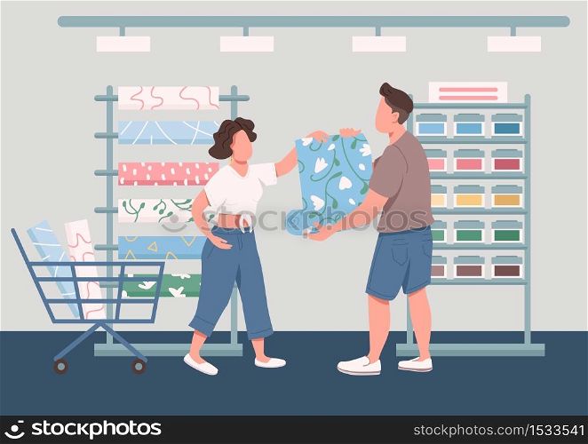 Family choosing new wallpapers flat color vector illustration. Home renovation. Wife and husband 2D cartoon characters with building construction material store interior on background. Family choosing new wallpapers flat color vector illustration