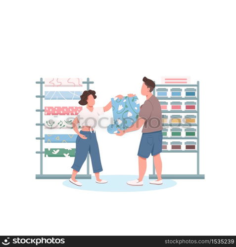 Family choosing wallpaper flat color vector faceless characters. Home renovation. Wife and husband buying construction materials isolated cartoon illustration for web graphic design and animation. Family choosing wallpaper flat color vector faceless characters
