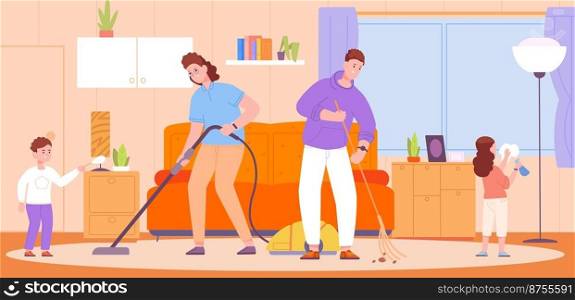Family chores. Light housework home workers, children helping mother husband cleaning room, people homemaking household daily housekeeping maid sister, splendid vector illustration. Family chores. Light housework home workers, children helping mother husband cleaning room, people homemaking household daily housekeeping maid sister