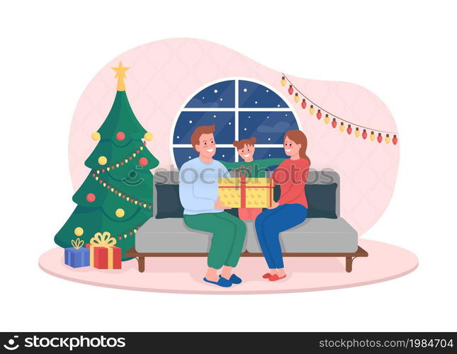 Family Christmas at home 2D vector isolated illustration. Smiling parents with happy child flat characters on cartoon background. Winter holidays celebration at home colourful scene. Family Christmas at home 2D vector isolated illustration