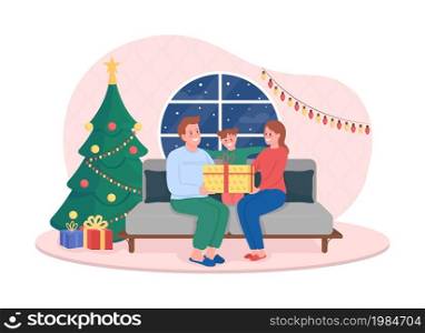 Family Christmas at home 2D vector isolated illustration. Smiling parents with happy child flat characters on cartoon background. Winter holidays celebration at home colourful scene. Family Christmas at home 2D vector isolated illustration