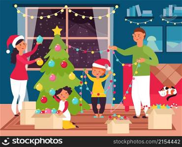 Family christmas at home. Funny kid decorate xmas tree, new year festive party. Parents and children in room, winter holidays decent vector scene. Illustration of family christmas tree. Family christmas at home. Funny kid decorate xmas tree, new year festive party. Parents and children in room, winter holidays decent vector scene