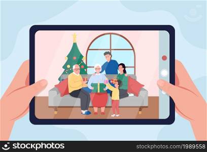 Family Christmas photo on tablet flat color vector illustration. Grandparents with children. Taking photos of happy relatives on winter holidays 2D cartoon first view hand with blue background. Family Christmas photo on tablet flat color vector illustration