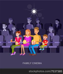 Family Cinema movie poster or banner template, popcorn, 3D glasses, concept banner. Cinema hall. Rest with family in the cinema. Cute vector character people. cinema movie poster template