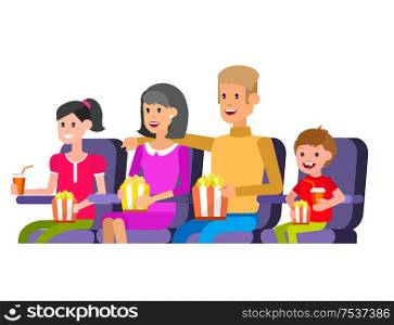 Family Cinema movie poster or banner template, popcorn, 3D glasses, concept banner. Cinema hall. Rest with family in the cinema. Cute vector character people. cinema movie poster template