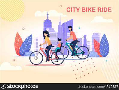Family City Bike Ride Flat Cartoon. Parents Cycling on City Street. Mother Carrying Daughter in Children Trunk Seat. Vector Active Vacation Happy Time Illustration with Modern Cityscape Backdrop. Family City Bike Ride Flat Cartoon Illustration