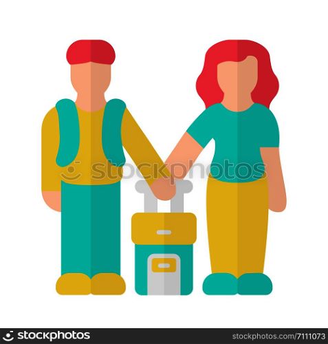 Family class immigrants flat design long shadow blue color icon. Couple travel abroad with suitcase. Family vacation. Honeymoon trip. Tourists, travelers, passengers. Vector silhouette illustration